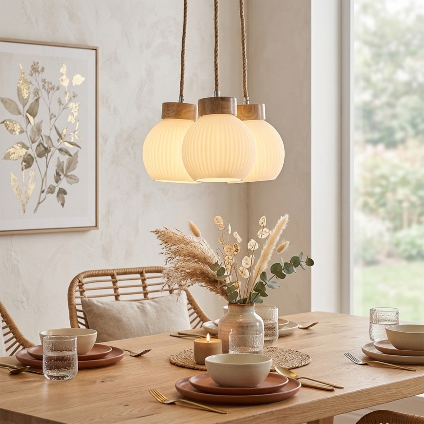 Lampadario sospeso con cavo LOOMIS 3xE27/15W/230V 83 cm beige/rovere