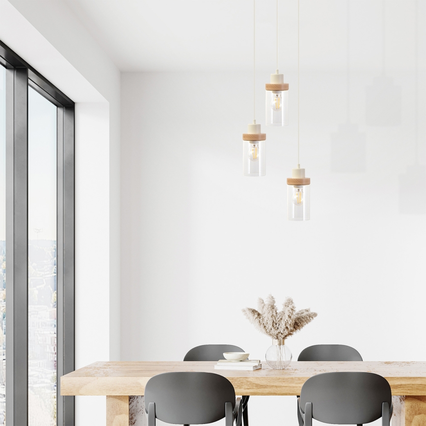 Lampadario sospeso con cavo WOODNEST 3xE27/15W/230V pino/crema