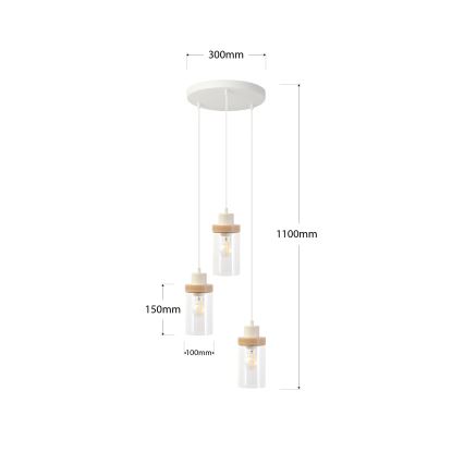 Lampadario sospeso con cavo WOODNEST 3xE27/15W/230V pino/crema