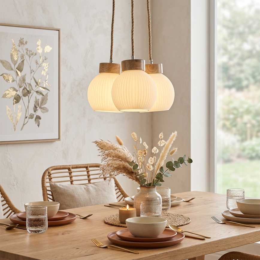 Lampadario sospeso su cavo LOOMIS 3xE27/15W/230V 130 cm beige/rovere