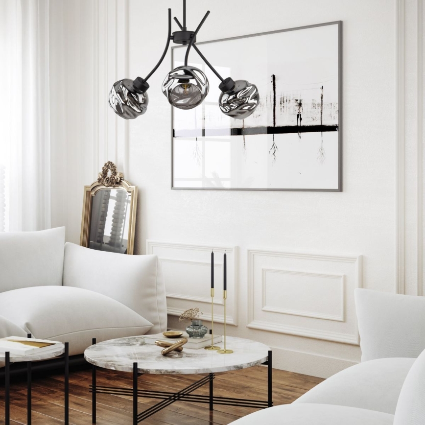 Lampadario sospeso su cavo ZULIA 3xE27/15W/230V nero/fumé