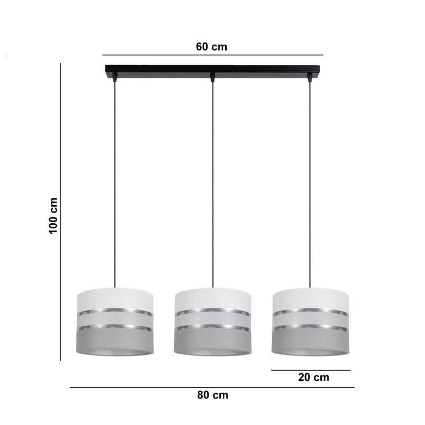 Lampadario su corda CORAL 3xE27/60W/230V  bianco/grigio