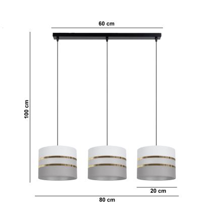 Lampadario su corda CORAL 3xE27/60W/230Vbianco/grigio