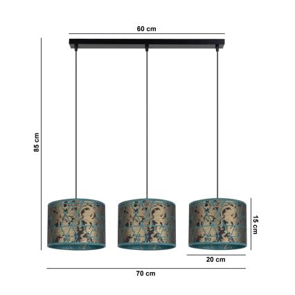 Lampadario su corda  REZO 3xE27/60W/230V oro/turchese