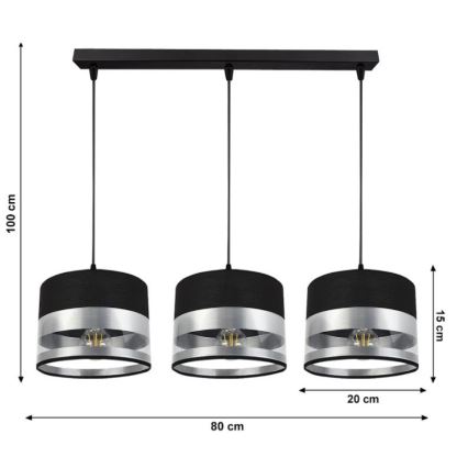 Lampadario su filo MILO 3xE27/60W/230V argento/nero