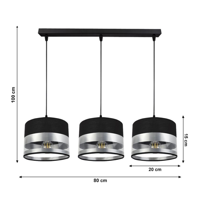 Lampadario su filo MILO 3xE27/60W/230V argento/nero