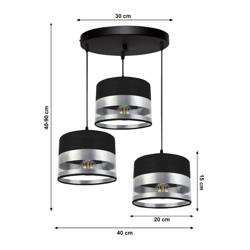 Lampadario su filo MILO 3xE27/60W/230V argento/nero