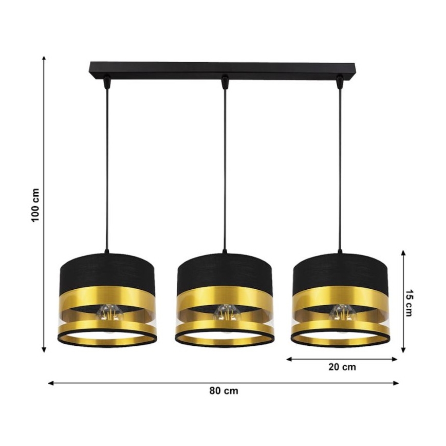 Lampadario su filo MILO 3xE27/60W/230V dorato/nero