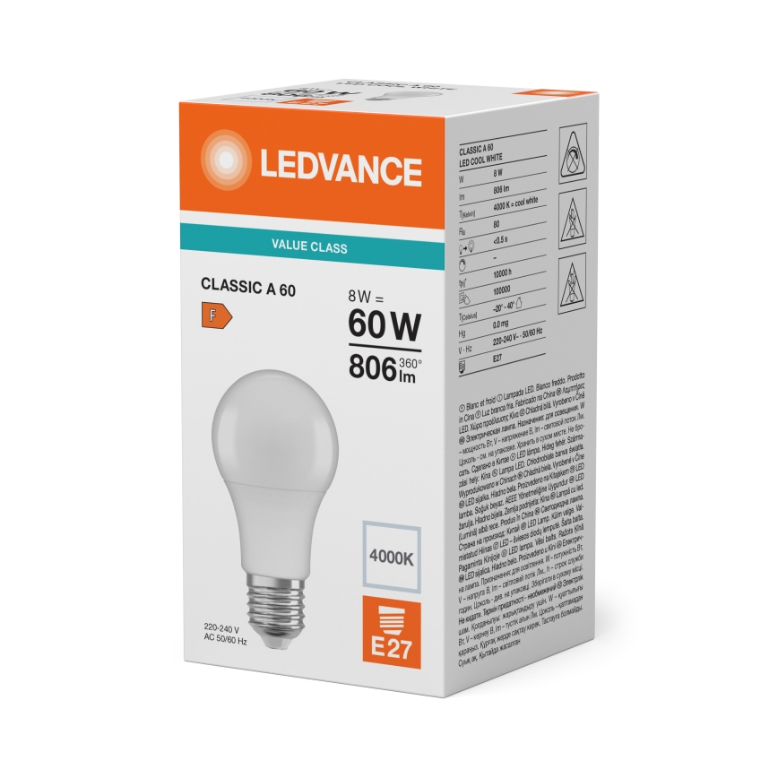 Lampadina LED CLASSIC A60 E27/8W/230V 4000K - Ledvance