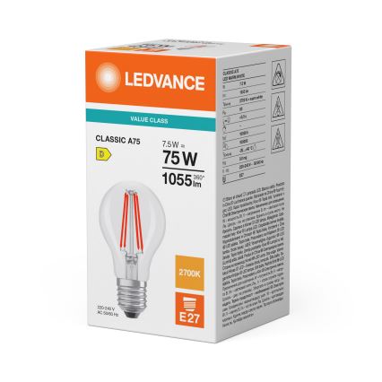 Lampadina LED CLASSIC FILAMENT A60 E27/7,5W/230V 2700K - Ledvance