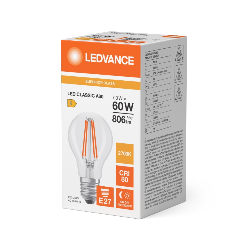 Lampadina LED con sensore crepuscolare CLASSIC FILAMENT A60 E27/7,3W/230V 2700K - Osram