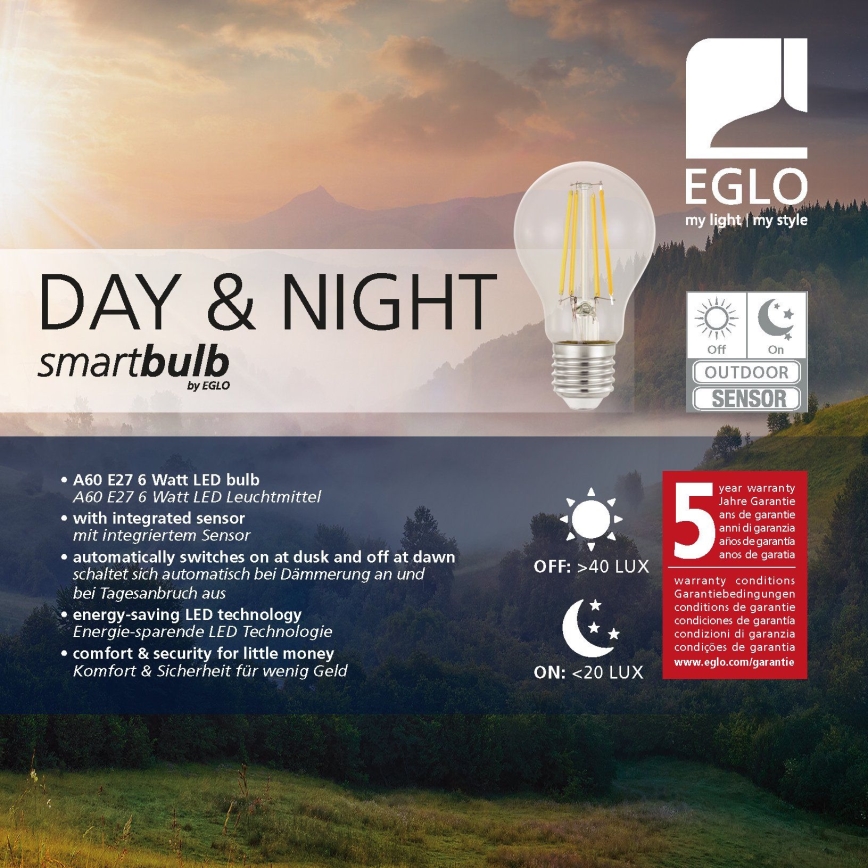 Lampadina LED con sensore crepuscolare VINTAGE A60 E27/6W/230V 3000K - Eglo 11886