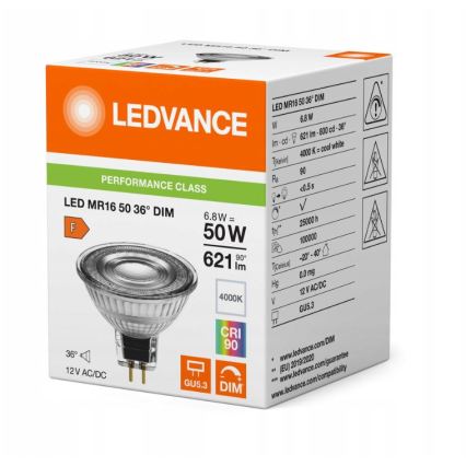 Lampada LED dimmerabile riflettore MR16 GU5,3/6,8W/12V 4000K 36° CRI 90 - Ledvance