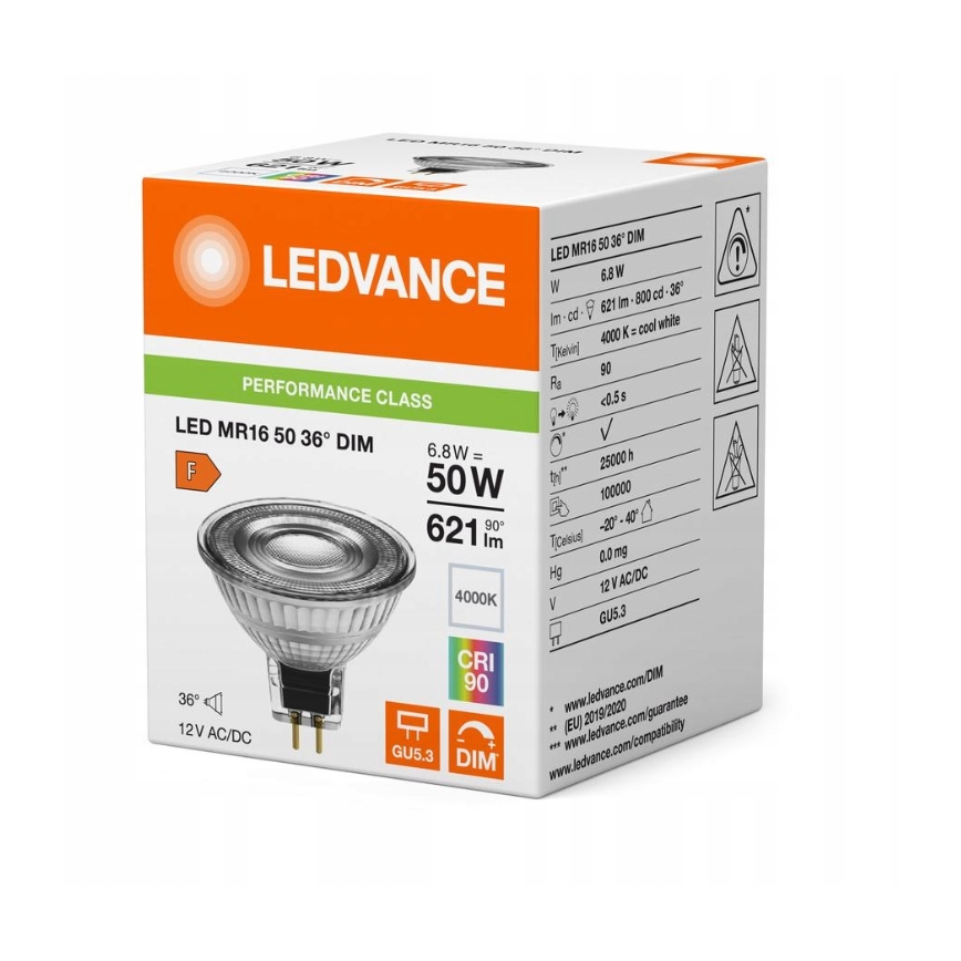 Lampada LED dimmerabile riflettore MR16 GU5,3/6,8W/12V 4000K 36° CRI 90 - Ledvance