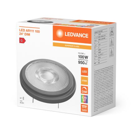 Lampadina LED dimmerabile AR111 G53/13,5W/12V 2700K 24° CRI 97 - Ledvance