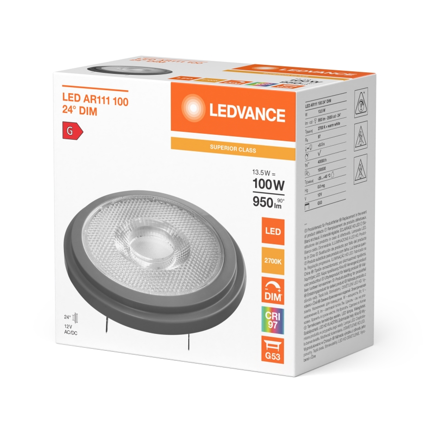 Lampadina LED dimmerabile AR111 G53/13,5W/12V 2700K 24° CRI 97 - Ledvance