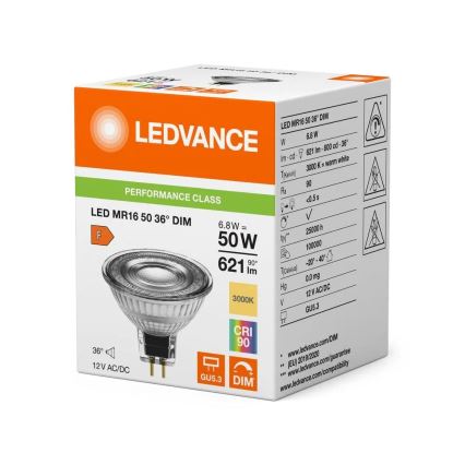 Lampadina LED dimmerabile MR16 GU5,3/6,8W/12V 3000K 36° CRI 90 - Ledvance