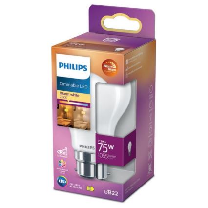 Lampadina LED dimmerabile Philips Warm Glow A60 B22/7,2W/230V 2200-2700K CRI 90