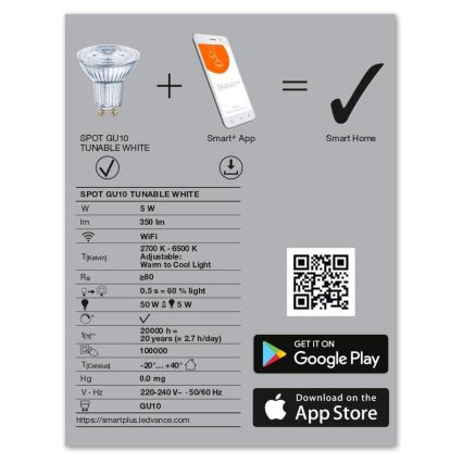 Lampadina LED Dimmerabile SMART+ GU10/5W/230V 2,700K-6,500K Wi-Fi - Ledvance