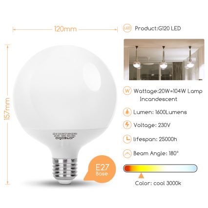 Lampadina LED G120 E27/20W/230V 3000K - Aigostar