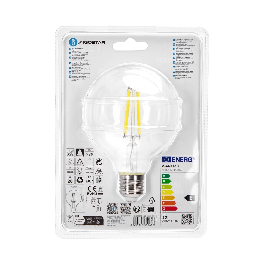 Lampadina LED G95 E27/12W/230V 6500K - Aigostar