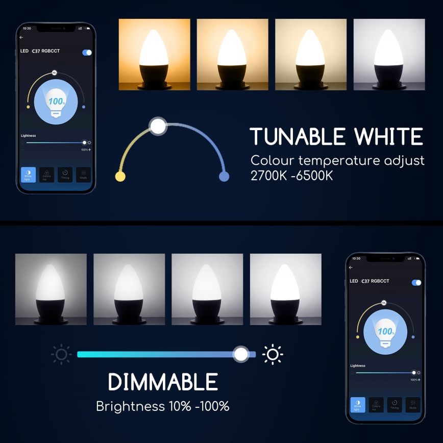 Lampadina LED RGBW dimmerabile C37 E27/5W/230V 3000-6500K Wi-Fi - Aigostar