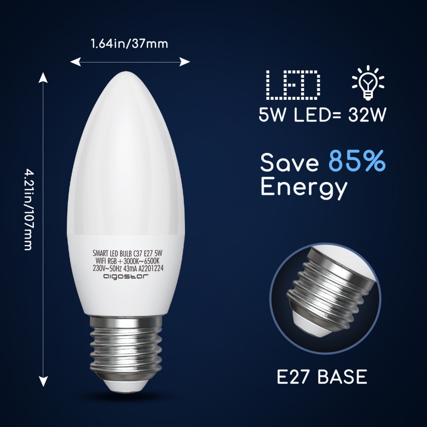 Lampadina LED RGBW dimmerabile C37 E27/5W/230V 3000-6500K Wi-Fi - Aigostar