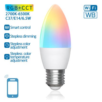 Lampadina LED RGBW dimmerabile C37 E27/6,5W/230V 2700-6500K Wi-Fi - Aigostar