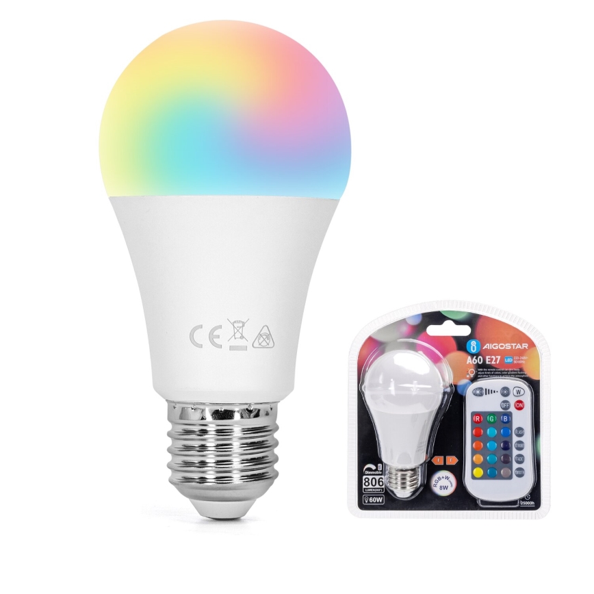 Lampadina LED RGBW dimmerabile E27/8W/230V 3000K + telecomando - Aigostar