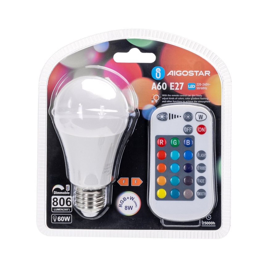Lampadina LED RGBW dimmerabile E27/8W/230V 3000K + telecomando - Aigostar
