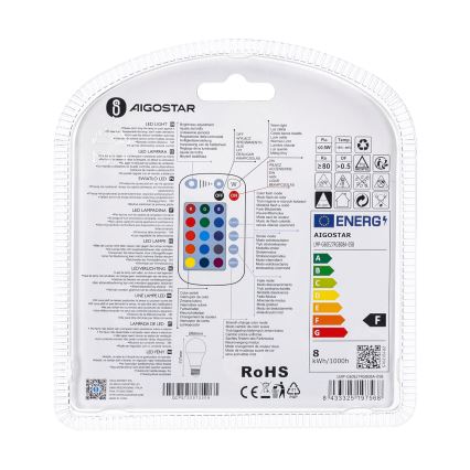 Lampadina LED RGBW dimmerabile E27/8W/230V 3000K + telecomando - Aigostar