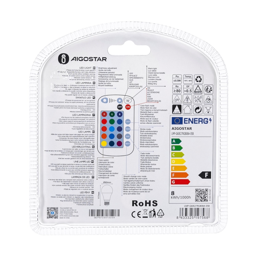 Lampadina LED RGBW dimmerabile E27/8W/230V 3000K + telecomando - Aigostar