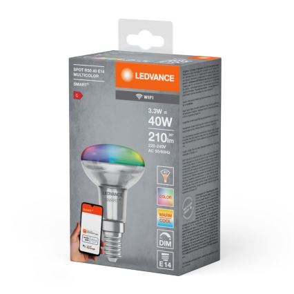 Lampadina a riflettore dimmerabile LED RGBW SMART+ R50 E14/3,3W/230V 2700-6500K Wi-Fi - Ledvance