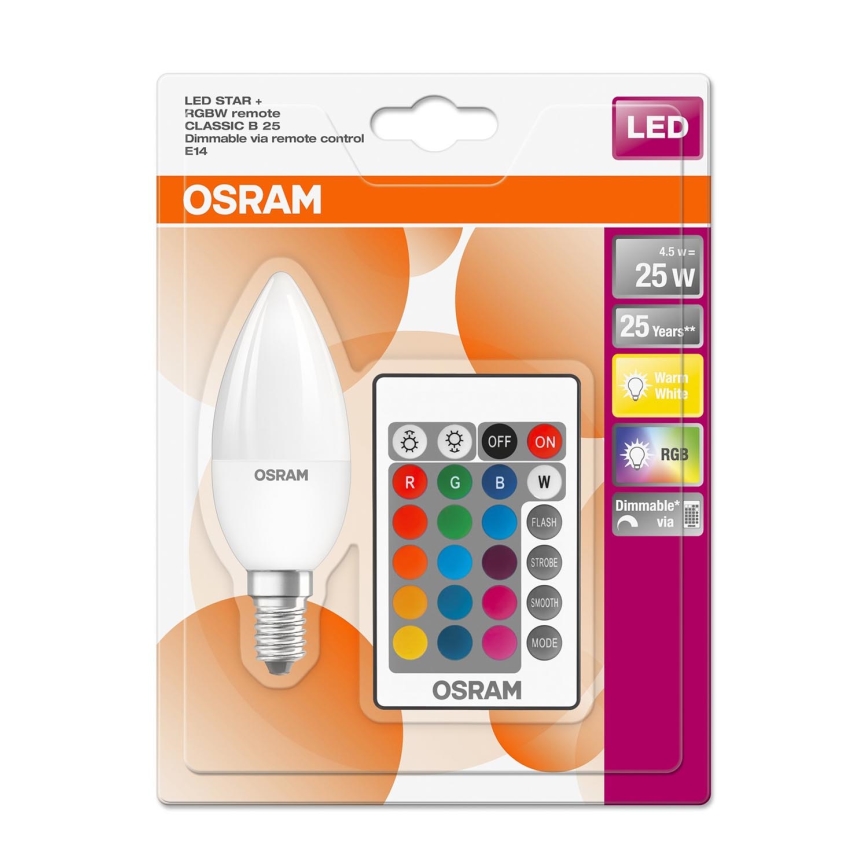 Lampadina LED RGBW dimmerabile STAR E14/4,5W/230V 2700K + telecomando – Osram