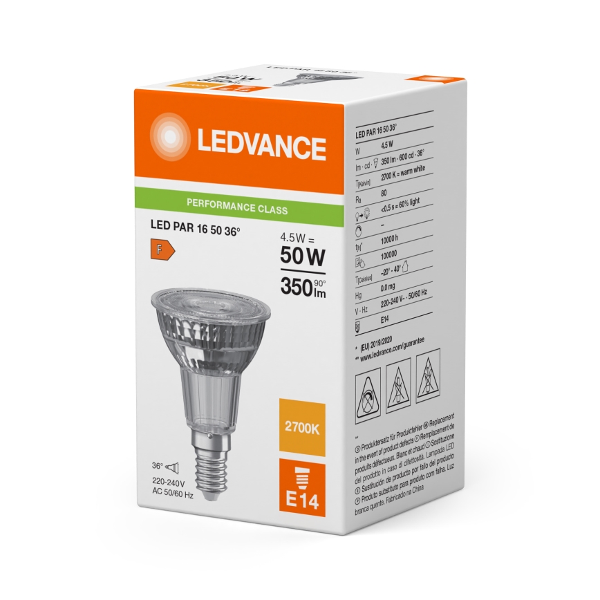 Lampadina LED riflettore PAR16 E14/4,5W/230V 2700K 36° - Ledvance
