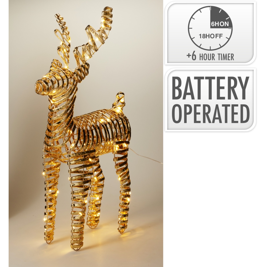 LED Decorazione natalizia 60xLED/3xAA 60 cm bianco caldo renna/oro