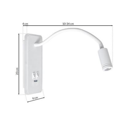 LED Lampada flessibile da parete con base USB 1xLED/8W+1xLED/2W/230V bianco