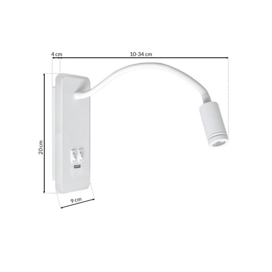 LED Lampada flessibile da parete con base USB 1xLED/8W+1xLED/2W/230V bianco