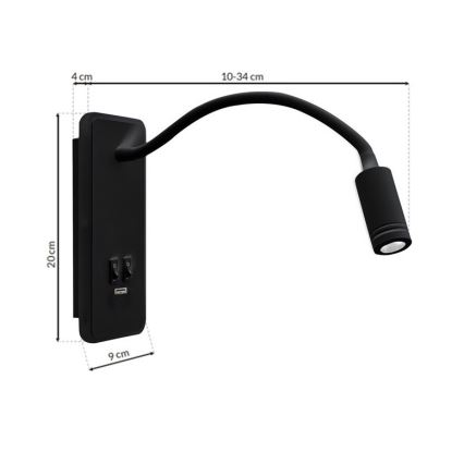 LED Lampada flessibile da parete con base USB 1xLED/8W+1xLED/2W/230V nero