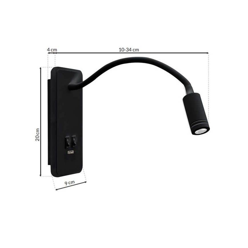 LED Lampada flessibile da parete con base USB 1xLED/8W+1xLED/2W/230V nero
