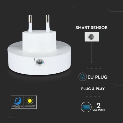 LED Luce notturna con sensore crepuscolare 2xUSB LED/0,45W/230V 3000K