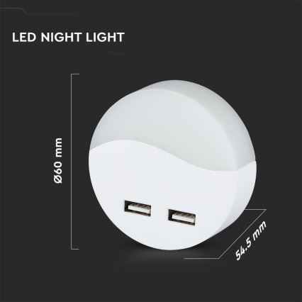 LED Luce notturna con sensore crepuscolare 2xUSB LED/0,45W/230V 3000K