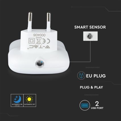 LED Luce notturna con sensore crepuscolare 2xUSB LED/0,45W/230V 3000K