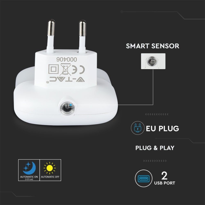 LED Luce notturna con sensore crepuscolare 2xUSB LED/0,45W/230V 4000K