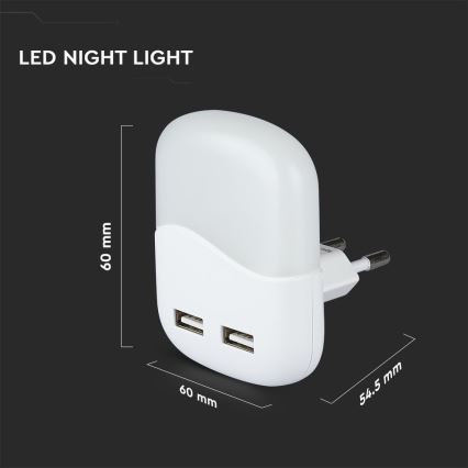LED Luce notturna con sensore crepuscolare 2xUSB LED/0,45W/230V 4000K