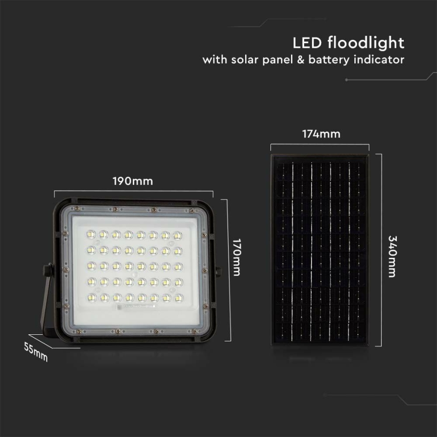 LED Proiettore solare dimmerabile per esterni LED/10W/3,2V IP65 4000K 6000 mAh nero + telecomando