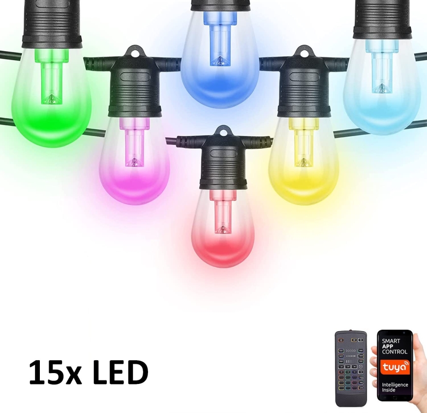 LED RGB+CCT Dimmerabile per esterni catena GHIRLANDA 15xLED/1W/230V 15m Wi-Fi Tuya IP65 + telecomando