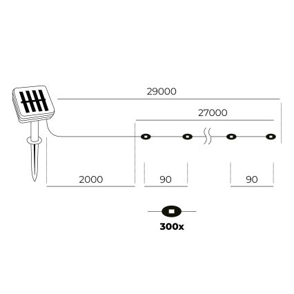 LED - Solare catena 300xLED/0,12W/1,2V 1xAA 27 m IP44 3000K 800 mAh