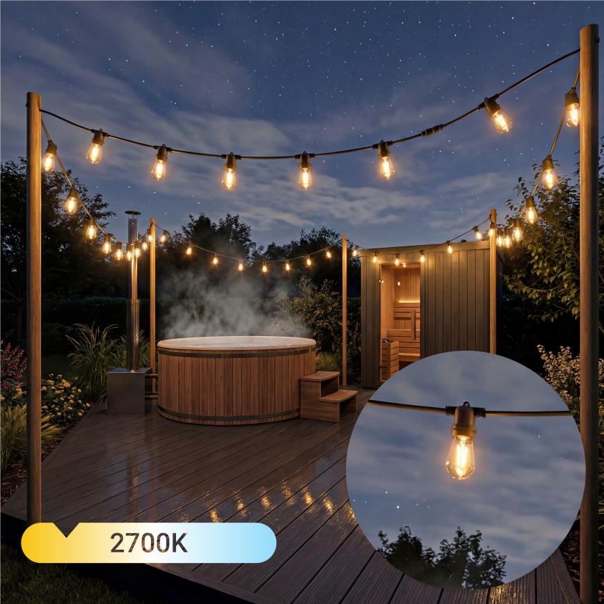 Catena luminosa decorativa solare a LED dimmerabile 20xE27/0,3W/3/5V USB 2400 mAh 20,62 m IP65 nera + telecomando