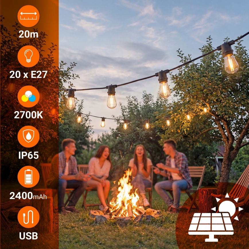 Catena luminosa decorativa solare a LED dimmerabile 20xE27/0,3W/3/5V USB 2400 mAh 20,62 m IP65 nera + telecomando